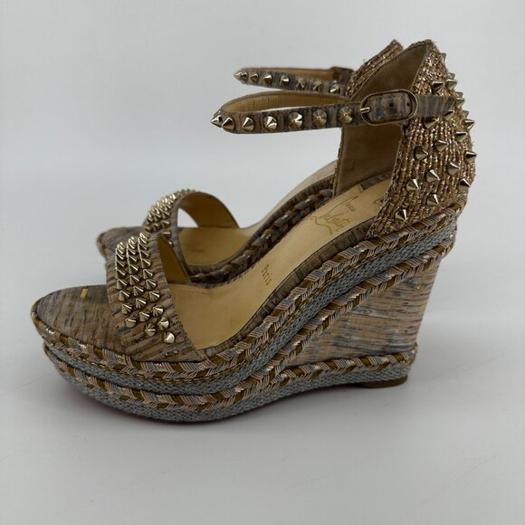 Louboutin Madmonica Wedge Sandals with Gold Studs - Size 39 - Picture 5 of 7